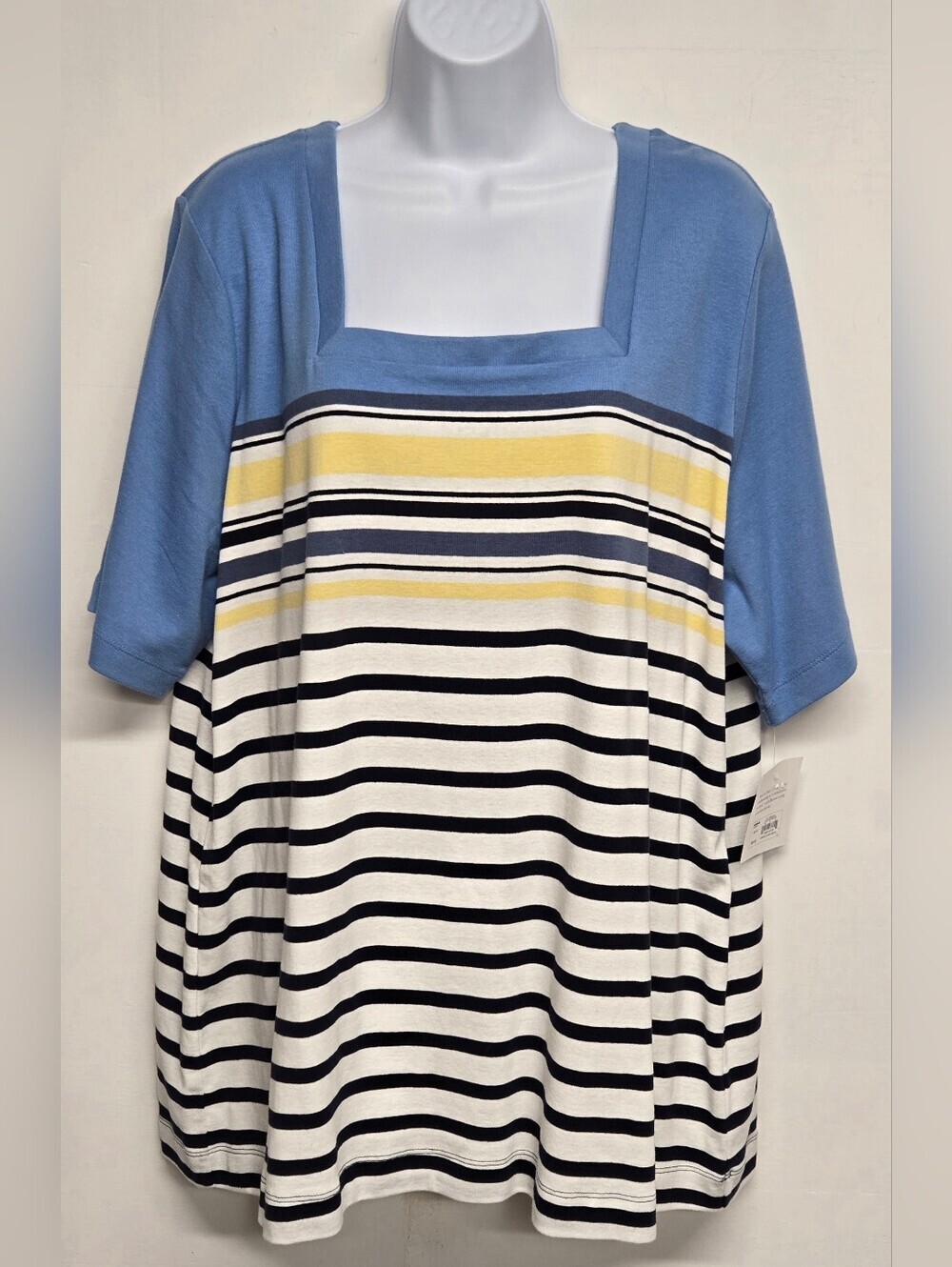 Croft & Barrow Classic Style Top Blue Striped Stretch Knit Cotton Square Neck 2X